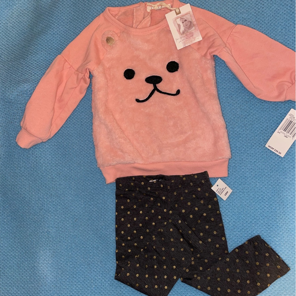 NWT Baby Girl Jessica Simpson Pink Bear Long Sleeve/Sweater w/ Leggings Outfit